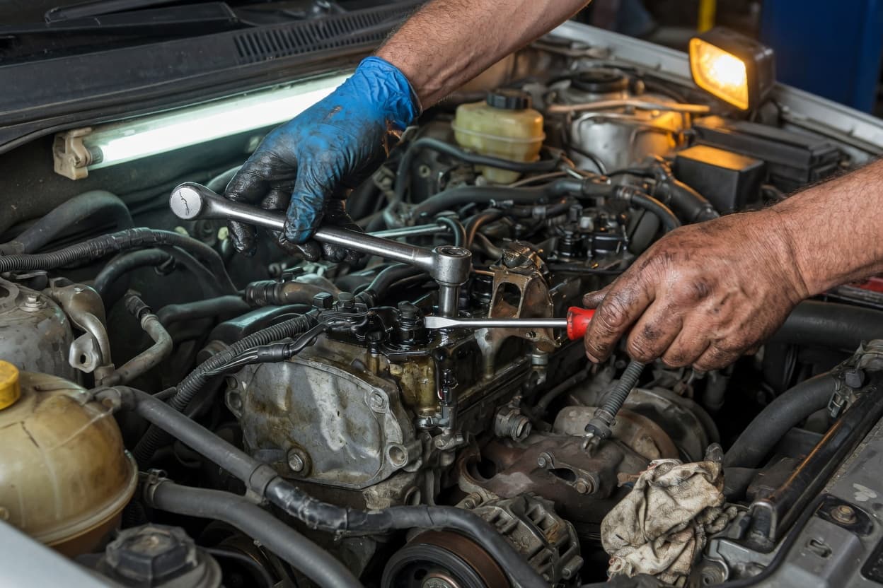 A mechanic working in an engine bay.