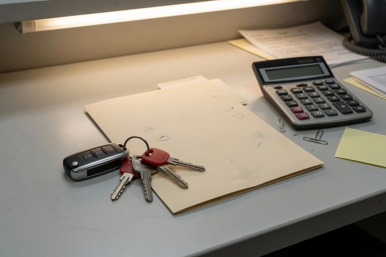 Keys and a calculator on a service desk.