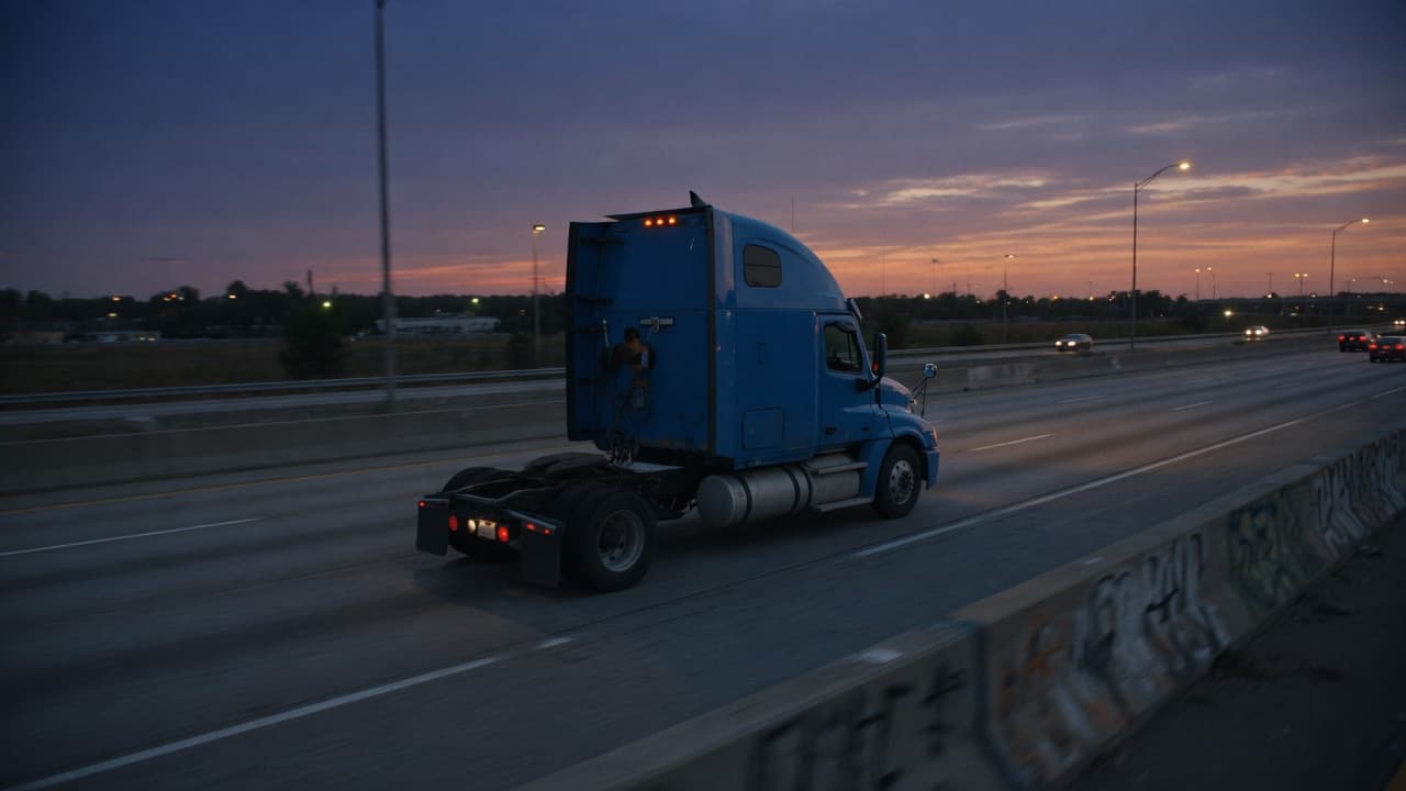 A blue truck on a highway at dusk.