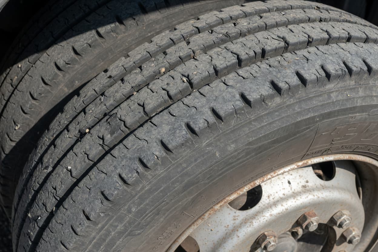 Close view of a worn commercial tire.