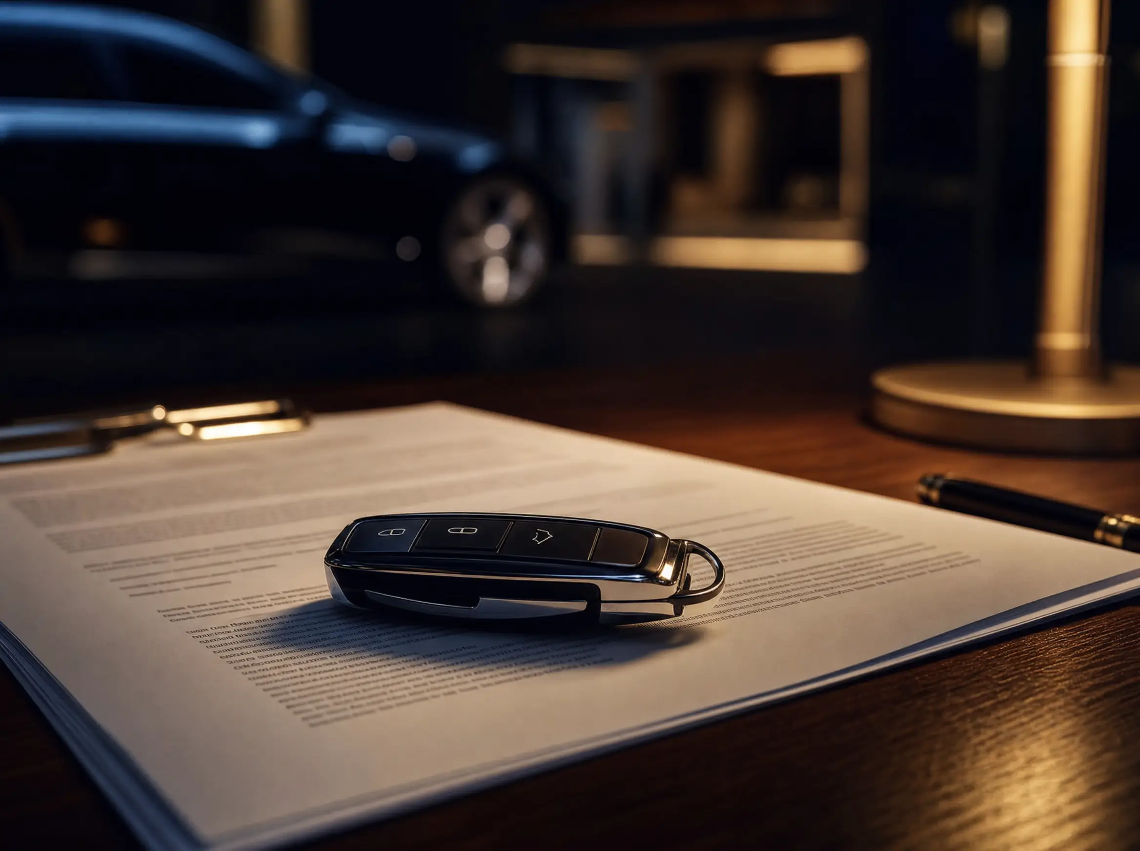 A car key resting on signed paperwork on a desk